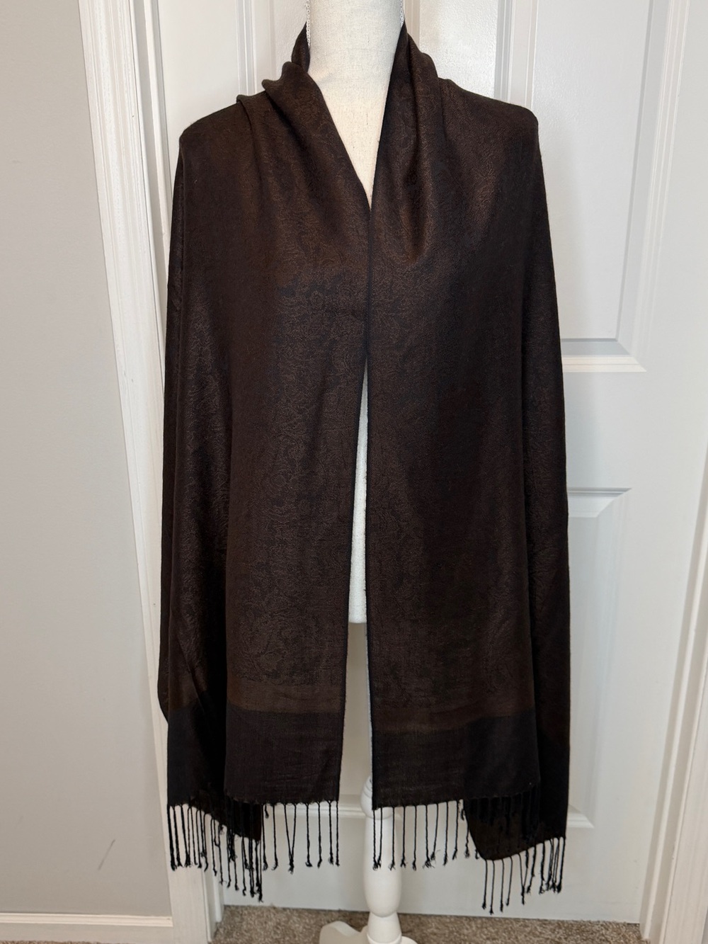 Pashmina Brown Black Paisley Floral Fringe Shoulder Wrap Shawl Cashmere Silk
